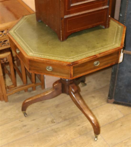 A Regency sytle octagonal mahogany drum table, with leather top W.70cm